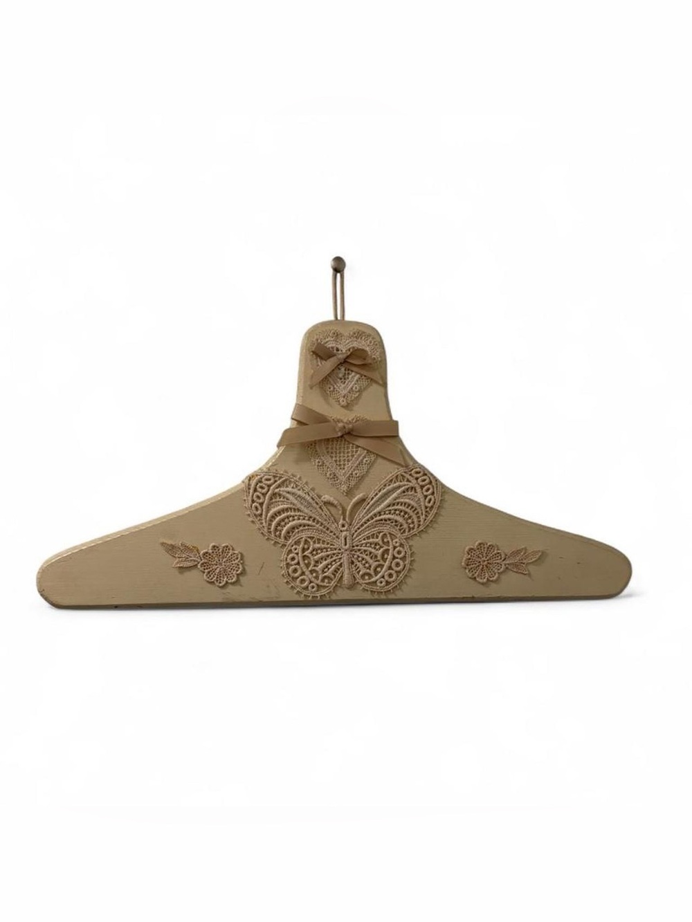 Vintage 80s Decorative Cream Lace Butterfly Wooden Hanger - Handmade